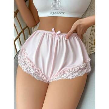 SweatyRocks Women's Plain Contrast Lace Bow Front Briefs Casual Breathable Comfy Panty Underwear Pink S