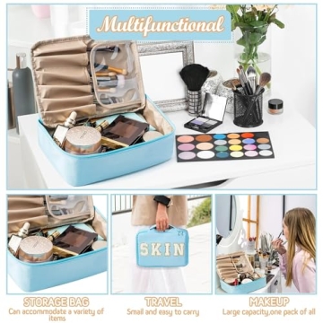Preppy Patch SKIN Cosmetic Bag Valentine's Day Makeup Bag Large Capacity Travel Toiletry Bag with Brush Bags Toiletry Bag Multifunction Waterproof Organizer Make Up Bag New Year Gifts(Blue)