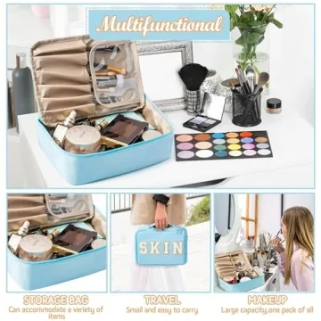 Preppy Patch SKIN Cosmetic Bag Valentine's Day Makeup Bag Large Capacity Travel Toiletry Bag with Brush Bags Toiletry Bag Multifunction Waterproof Organizer Make Up Bag New Year Gifts(Blue)