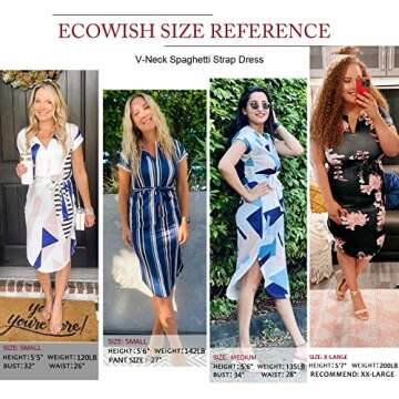 ECOWISH Womens Dresses Summer Casual V-Neck Floral Print Geometric Pattern Belted Dress Black Large