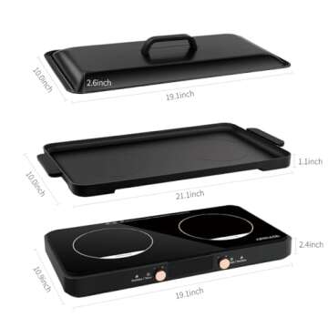 ONNASE Double Induction Cooktop, 1800W Electric Stove Top Burner with Removable Non-Stick Griddle Pan, 2 Induction Burners, 11 Temperature & Power Levels, 3-Hour Timer, Black