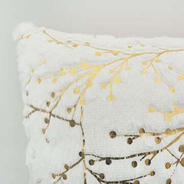 LIGICKY Set of 2 Fluffy White Faux Fur Pillow Covers with Gold Branches Glitter Printed Throw Pillows Decorative Soft Furry Sparkling Square Cushion Cases for Sofa Bedroom Party Décor, 18 x 18 inch