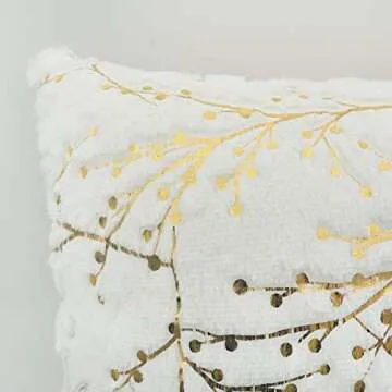 LIGICKY Set of 2 Fluffy White Faux Fur Pillow Covers with Gold Branches Glitter Printed Throw Pillows Decorative Soft Furry Sparkling Square Cushion Cases for Sofa Bedroom Party Décor, 18 x 18 inch