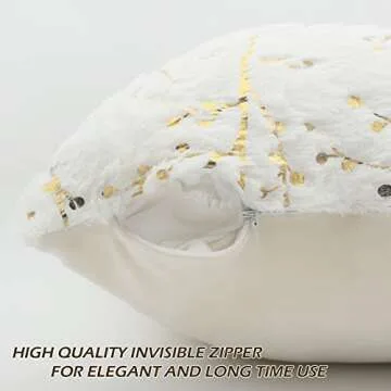 LIGICKY Set of 2 Fluffy White Faux Fur Pillow Covers with Gold Branches Glitter Printed Throw Pillows Decorative Soft Furry Sparkling Square Cushion Cases for Sofa Bedroom Party Décor, 18 x 18 inch