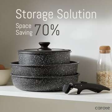 CAROTE 11pcs Nonstick Cookware Set With Detachable Handle, Induction Kitchen Sets Non Stick, Removable Handle, RV Oven Safe, Black