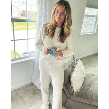 luvamia Women'S Casual Fuzzy Fleece Knitted Pajama Set Two Pieces Long Pj Sets Loungewear Sleepwear Nightwear Lounge Sets For Women Knit Sets Two Piece Women Airplane Outfit Women Beige Large