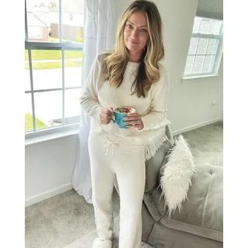 luvamia Women'S Casual Fuzzy Fleece Knitted Pajama Set Two Pieces Long Pj Sets Loungewear Sleepwear Nightwear Lounge Sets For Women Knit Sets Two Piece Women Airplane Outfit Women Beige Large