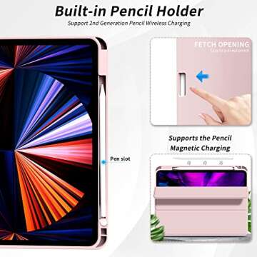 kenke Case for iPad Pro 12.9 Inch with Pencil Holder 2022/2021/2020, Slim Trifold Smart Protective Cover, Soft TPU Back Case with Auto Sleep/Wake for iPad Pro 12.9" 6th/5th/4th Generation, Pink