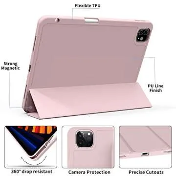 kenke Case for iPad Pro 12.9 Inch with Pencil Holder 2022/2021/2020, Slim Trifold Smart Protective Cover, Soft TPU Back Case with Auto Sleep/Wake for iPad Pro 12.9" 6th/5th/4th Generation, Pink