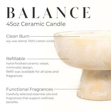 BLUEME Balance-White Lotus & Tea, 6 Wick, Refillable Wellness Candle, Contains Essential Oil, Sustainable, Hand Finished, Hand Poured, Premium, Luxury Ceramic, Natural Cotton Wick, Soy-Wax Blend