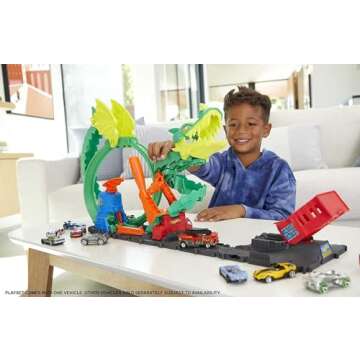 Hot Wheels Track Set with 1:64 Scale Toy Firetruck, City Fire Station with Dragon Nemesis and Track ...