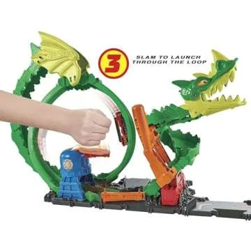 Hot Wheels Track Set with 1:64 Scale Toy Firetruck, City Fire Station with Dragon Nemesis and Track Play, Dragon Drive Firefight