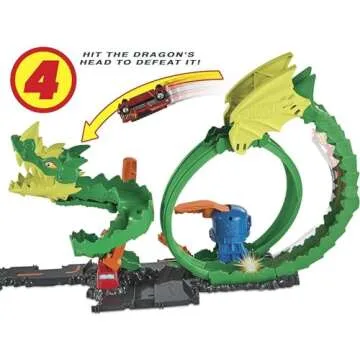Hot Wheels Track Set with 1:64 Scale Toy Firetruck, City Fire Station with Dragon Nemesis and Track Play, Dragon Drive Firefight