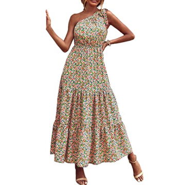 PRETTYGARDEN Women's Summer Floral Maxi Dress Knot One Shoulder Sleeveless Ruffle Flowy Boho Beach W...