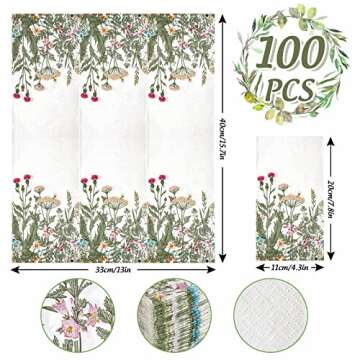 ChicRosa 100Pcs Floral Guest Napkins Wildflower Disposable Paper Napkins Botanical Green Leaves Herbs Dinner Hand Napkin for Home Kitchen Bathroom Holiday Party Supplies, 15.7 x 13 Inch.