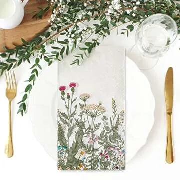 ChicRosa 100Pcs Floral Guest Napkins Wildflower Disposable Paper Napkins Botanical Green Leaves Herbs Dinner Hand Napkin for Home Kitchen Bathroom Holiday Party Supplies, 15.7 x 13 Inch.