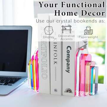 H&D HYALINE & DORA Heavy Crystal Bookends Colorful Decorative Non-Skid Geometric Bookends for Shelve...