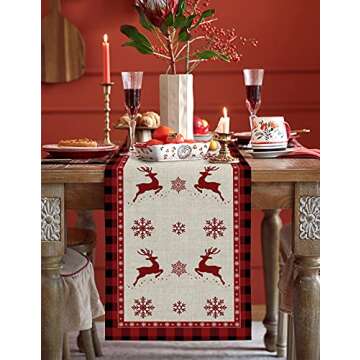 CHAOCCZ Christmas Table Runner - Winter Merry Christmas Theme The Jumping Elk and Snowflake Burlap Table Runner 72 Inches Long for Dining Room, Kitchen, Party Table Decor, 13'' x 72'', 13x72in