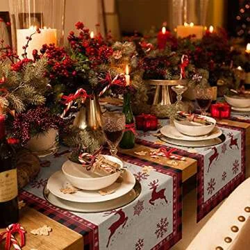 CHAOCCZ Christmas Table Runner - Winter Merry Christmas Theme The Jumping Elk and Snowflake Burlap Table Runner 72 Inches Long for Dining Room, Kitchen, Party Table Decor, 13'' x 72'', 13x72in