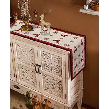 CHAOCCZ Christmas Table Runner - Winter Merry Christmas Theme The Jumping Elk and Snowflake Burlap Table Runner 72 Inches Long for Dining Room, Kitchen, Party Table Decor, 13'' x 72'', 13x72in