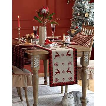 CHAOCCZ Christmas Table Runner - Winter Merry Christmas Theme The Jumping Elk and Snowflake Burlap Table Runner 72 Inches Long for Dining Room, Kitchen, Party Table Decor, 13'' x 72'', 13x72in