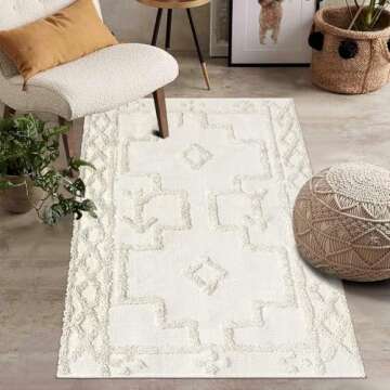 Uphome Boho Area Rug 3' x 5', Cream Washable Cotton Woven Entryway Rug with Tassels, Moroccan Tufted Bedroom Rug, Farmhouse Tribal Floor Carpet for Entry Office Porch Living Room Kitchen