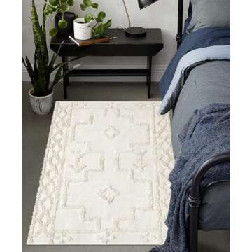 Uphome Boho Area Rug 3' x 5', Cream Washable Cotton Woven Entryway Rug with Tassels, Moroccan Tufted Bedroom Rug, Farmhouse Tribal Floor Carpet for Entry Office Porch Living Room Kitchen