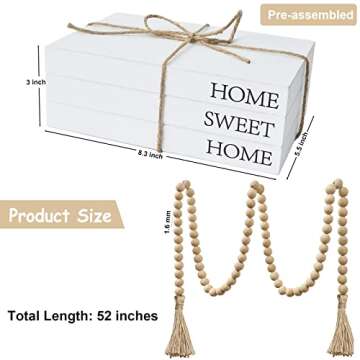 Decorative Books for Home Decor, White Faux Books for Decoration, Rustic Farmhouse Stacked Display Books with 52in Wood Bead Garland for Coffee Tables Living Room, (Home Sweet Home)