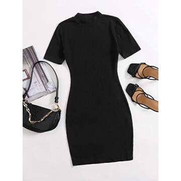 Floerns Women's Solid Rib-Knit Mock Neck Short Sleeve Bodycon Dress Black XS