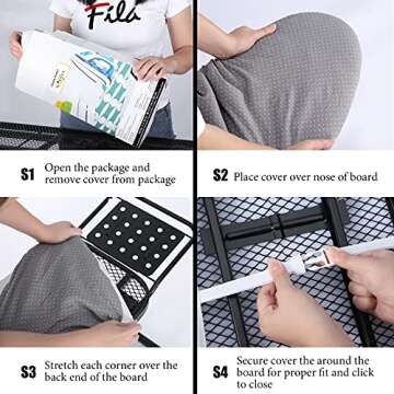 BNDX XL Iron Board Cover and pad - 18” x 49” Thick 4 Layers Padding Elastic with Wide Edge, Stain Resistant & Durable Scorch, 2 Buckle Types(White Dot)