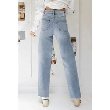 KDF Straight Leg Jeans Women High Waisted Raw Hem