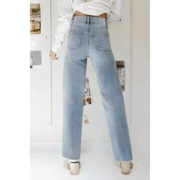 KDF Straight Leg Jeans Women High Waisted Raw Hem