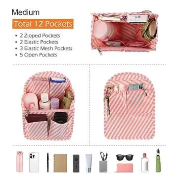 Surblue Backpack Organizer Insert Liner Hanging Travel Rucksack Purse and Handbag Insert Pocket, High-capacity Divider Foldable Nylon Shoulder Bag Organizer for Men and Women, (Pink, M)