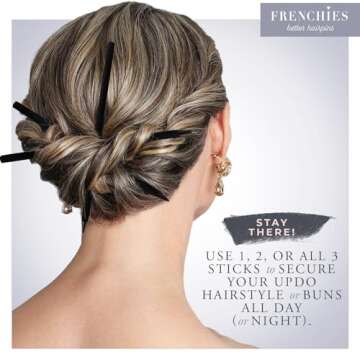 Frenchies French Twist Chinese Hair Sticks, Ultra Flocked Extra Soft Hair Chopsticks for Women, Girls, Teens, Buns, Dancers, Womens Wedding Accessories for Updo Hairstyles, Pack of 3, Black