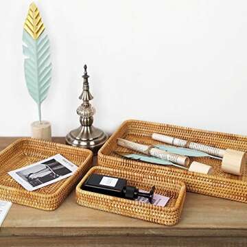 ALA7 Handmade Rectangle Rattan Serving Tray for Bread Fruit, Decorative Organizing Nesting Tray Tabl...