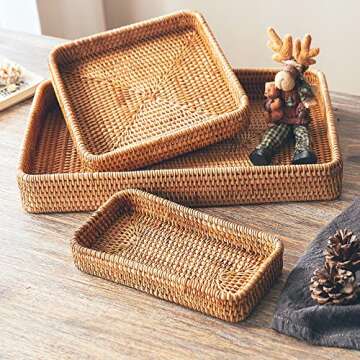 ALA7 Handmade Rectangle Rattan Serving Tray for Bread Fruit, Decorative Organizing Nesting Tray Tabletop Display Storage Basket Home Decor for Bathroom Kitchen (Set of 3), Natural
