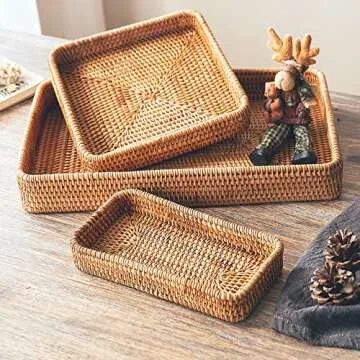 ALA7 Handmade Rectangle Rattan Serving Tray for Bread Fruit, Decorative Organizing Nesting Tray Tabletop Display Storage Basket Home Decor for Bathroom Kitchen (Set of 3), Natural