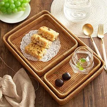 ALA7 Handmade Rectangle Rattan Serving Tray for Bread Fruit, Decorative Organizing Nesting Tray Tabletop Display Storage Basket Home Decor for Bathroom Kitchen (Set of 3), Natural