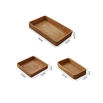 ALA7 Handmade Rectangle Rattan Serving Tray for Bread Fruit, Decorative Organizing Nesting Tray Tabletop Display Storage Basket Home Decor for Bathroom Kitchen (Set of 3), Natural