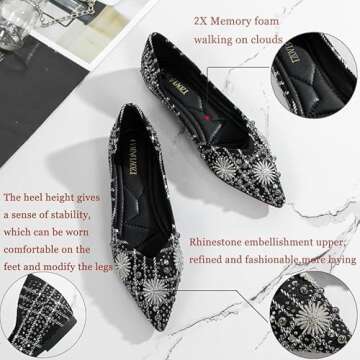 JUDALIAMON Women's Flat Pointed Toe Rhinestone Fashion Wedding Shoes Comfort Flat Shoes Work Casual Slip-On Dress Shoes 6 Black