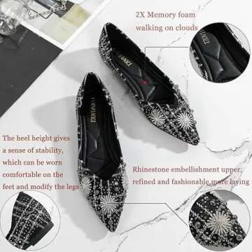 JUDALIAMON Women's Flat Pointed Toe Rhinestone Fashion Wedding Shoes Comfort Flat Shoes Work Casual Slip-On Dress Shoes 6 Black