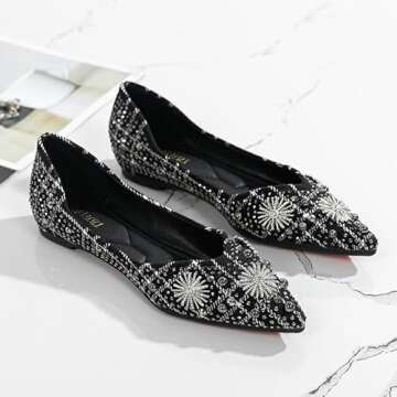 JUDALIAMON Women's Flat Pointed Toe Rhinestone Fashion Wedding Shoes Comfort Flat Shoes Work Casual Slip-On Dress Shoes 6 Black