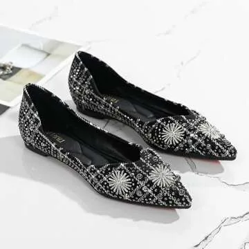 JUDALIAMON Women's Flat Pointed Toe Rhinestone Fashion Wedding Shoes Comfort Flat Shoes Work Casual Slip-On Dress Shoes 6 Black
