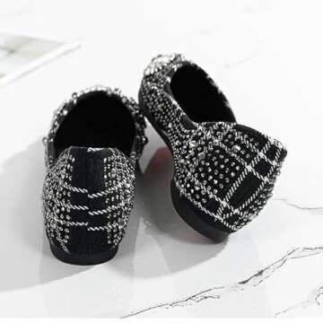 JUDALIAMON Women's Flat Pointed Toe Rhinestone Fashion Wedding Shoes Comfort Flat Shoes Work Casual Slip-On Dress Shoes 6 Black