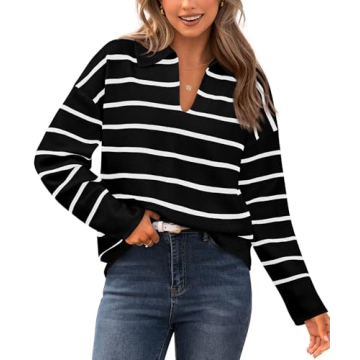 CFLONGE Women's 2024 Fall Winter Casual Breton Striped Long Sleeve Polo V Neck Lightweight Pullover ...