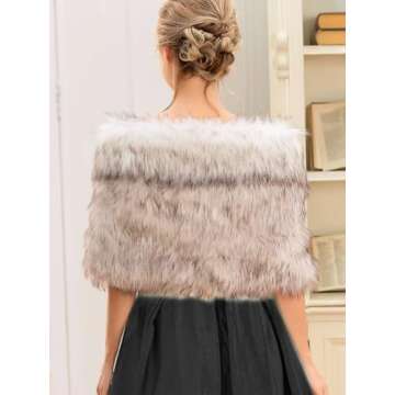 Aukmla Wedding Faux Fur Shawls and Wraps Bridal Fur Stole Bridesmaids Shrug Winter Cover Up for Women and Brides (White+Brown, US 16-22 (L-2XL))