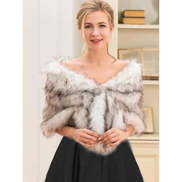 Aukmla Wedding Faux Fur Shawls and Wraps Bridal Fur Stole Bridesmaids Shrug Winter Cover Up for Women and Brides (White+Brown, US 16-22 (L-2XL))