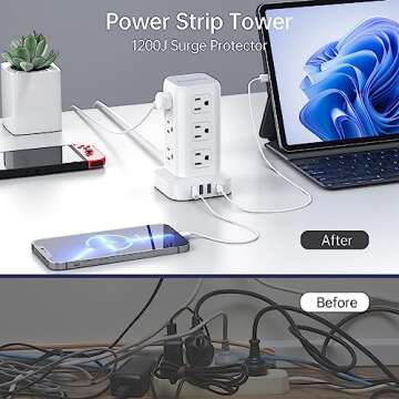 16.5FT Long Extension Cord,Power Strip Tower Surge Protector Power Strip with USB 12 Outlets with 4 USB Ports (1 USB C), Flat Plug Multi Plug Outlet Extender Overload Protection for Home Office
