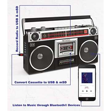 1980s Retro Bluetooth Boombox with Cassette Player and AM/FM Radio, Wired and Wireless Streaming, Classic 80s Style with Modern Technology, Silver