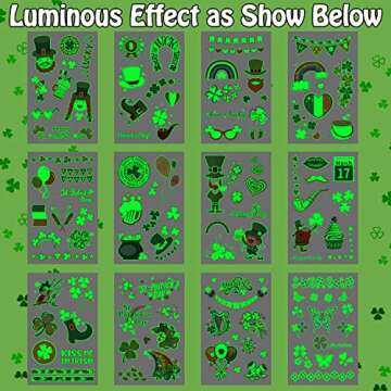 Partywind 12 Sheets Glow St Patrick's Day Temporary Tattoos for Kids, Luminous Saint Patrick's Day Accessories Party Decorations, Irish Shamrock Stickers Goodie Bags Stuffers
